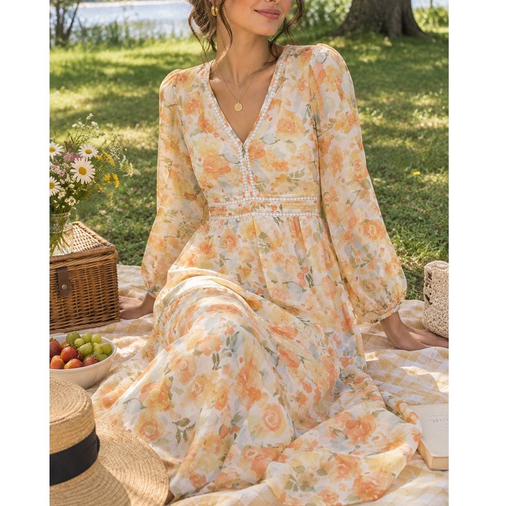Watercolor Floral Chiffon Maxi Dress Boho Lace Trim L Romantic Cottagecore